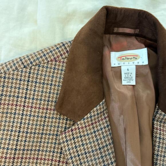 Talbots brown houndstooth blazer genuine suede leather collar 6P - Picture 2 of 2